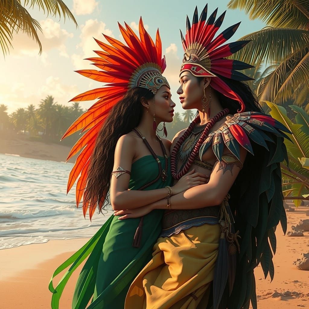 Amazonian Queen Shares Tender Kiss with Tribal Girl on Idyll...