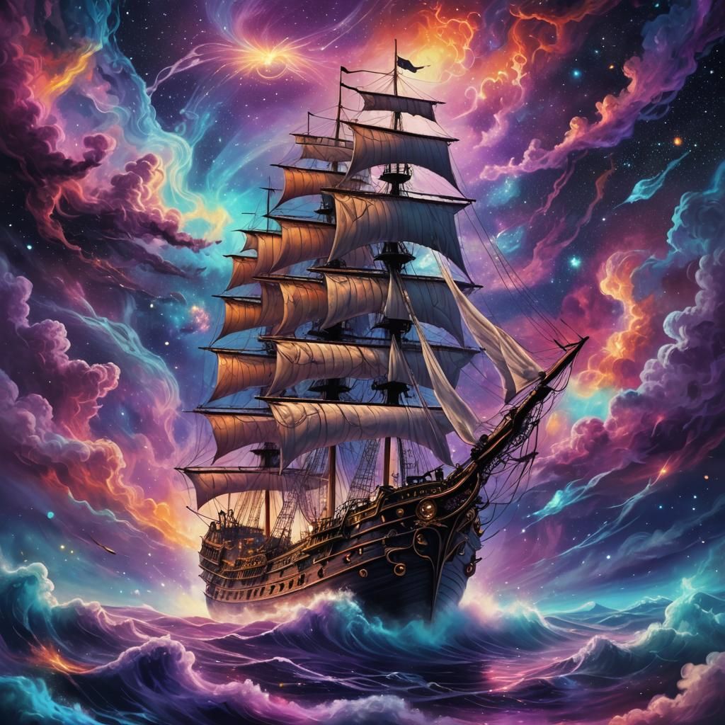 Flying Dutchman Sails Through Nebula in Psychedelic Art
