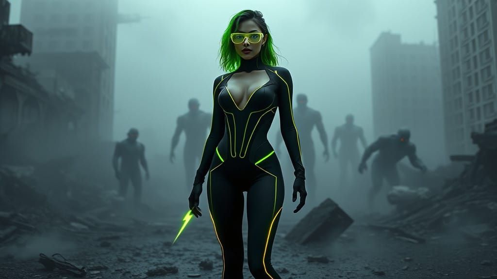 Futuristic Superheroine in Ruins