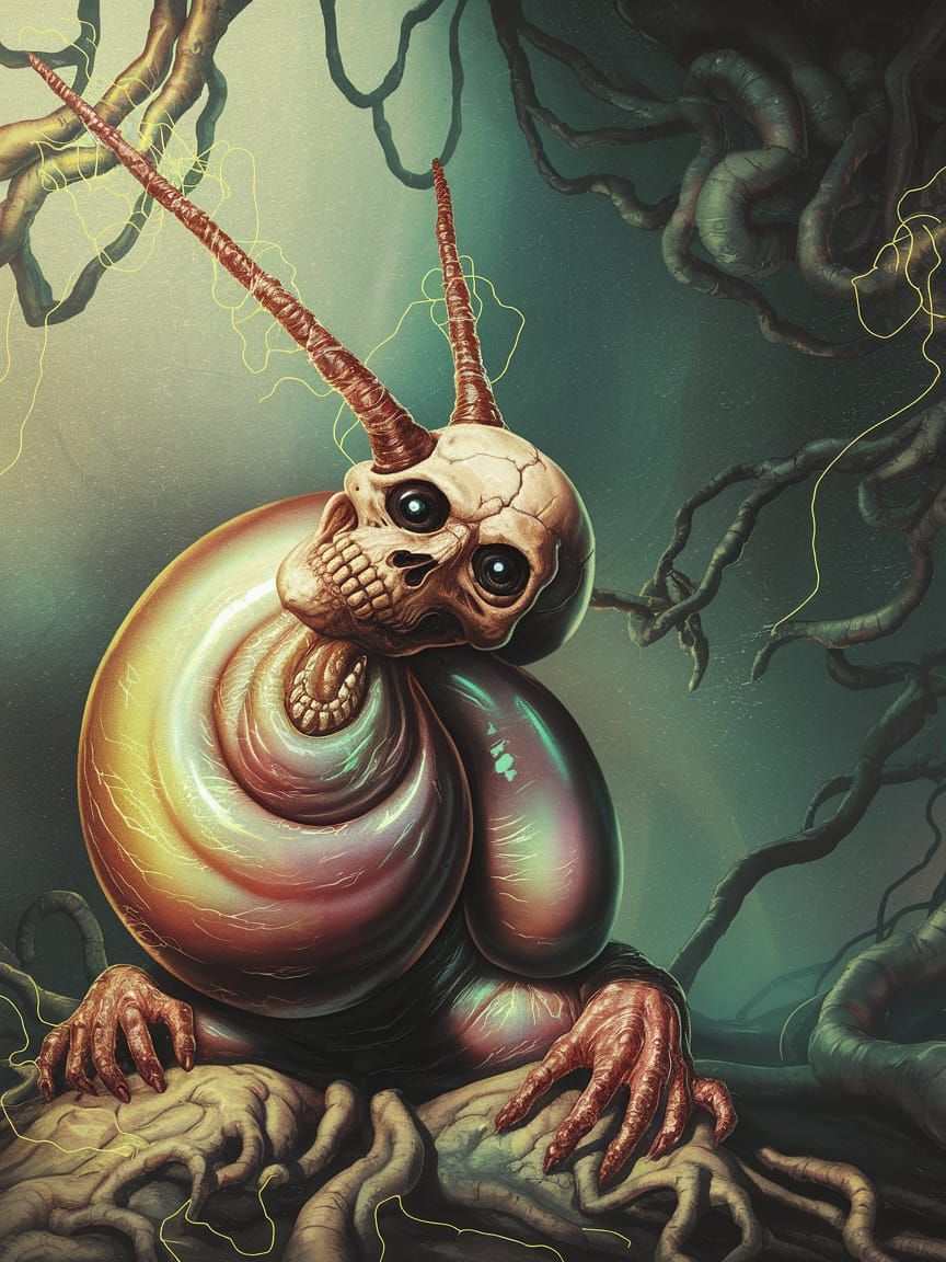 Eerie Biomechanical Abomination in a Dark Dreamscape