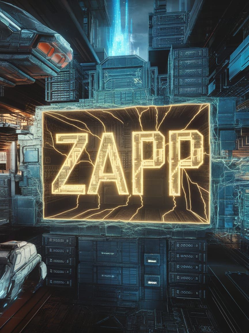 The word "Zapp" spelled in large yellow bolts of electricity inside a box made of computer boards. Epic masterpiece awar...