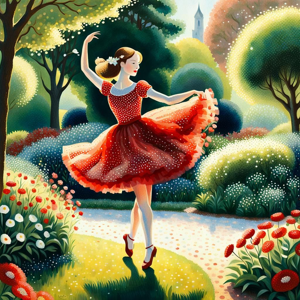 Ballerina in Pointillist Garden as Oil Painting