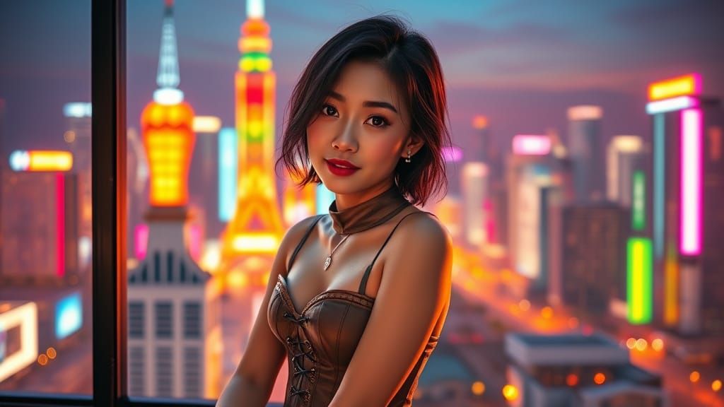 Elegant Asian Woman in Neon Cityscape