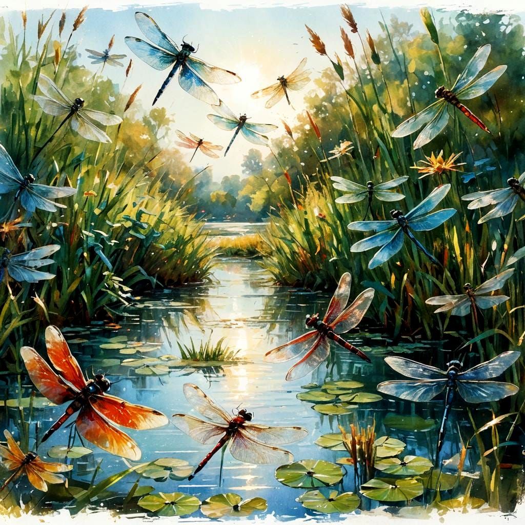 Dragonflies in Flight Above a Summer Pond