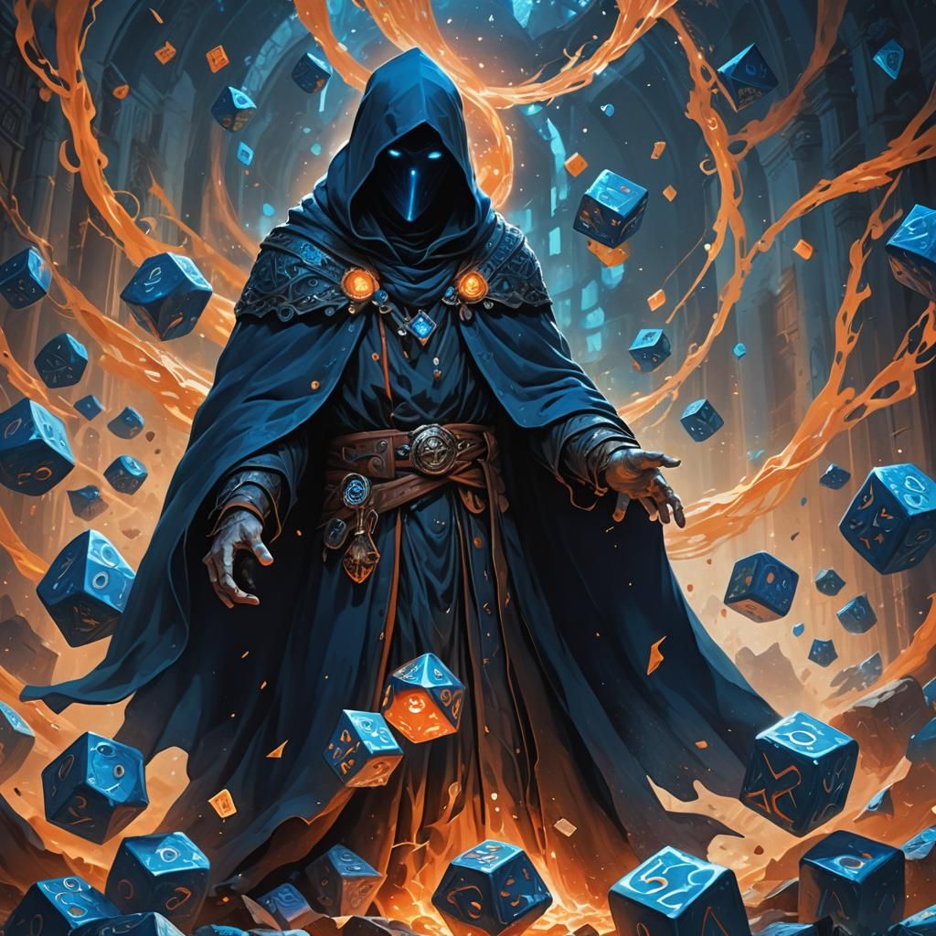Mystical Dice Surround Hooded Figure: Dark Fantasy Art