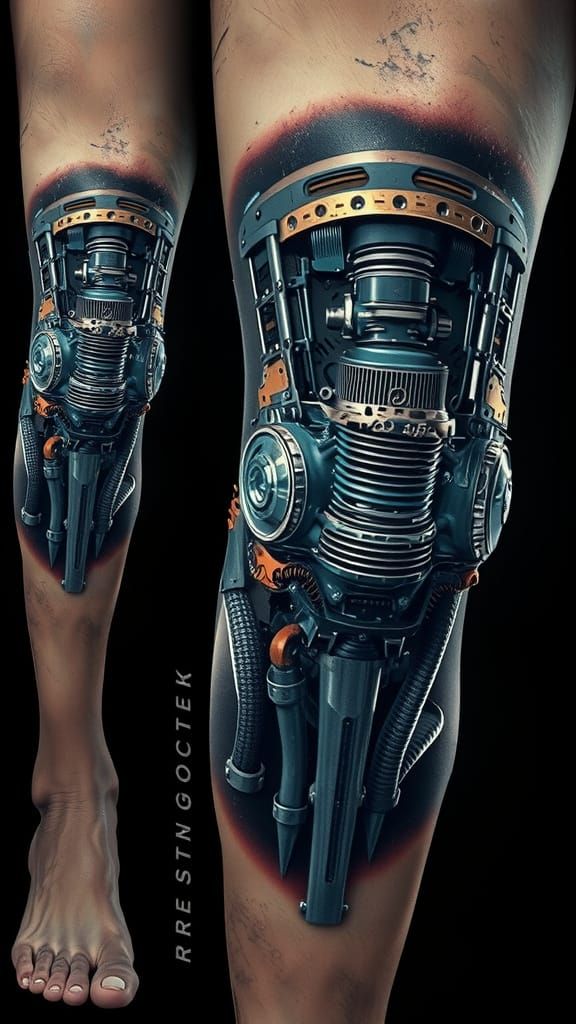 Dark Romantic Biomechanical Knee Tattoo