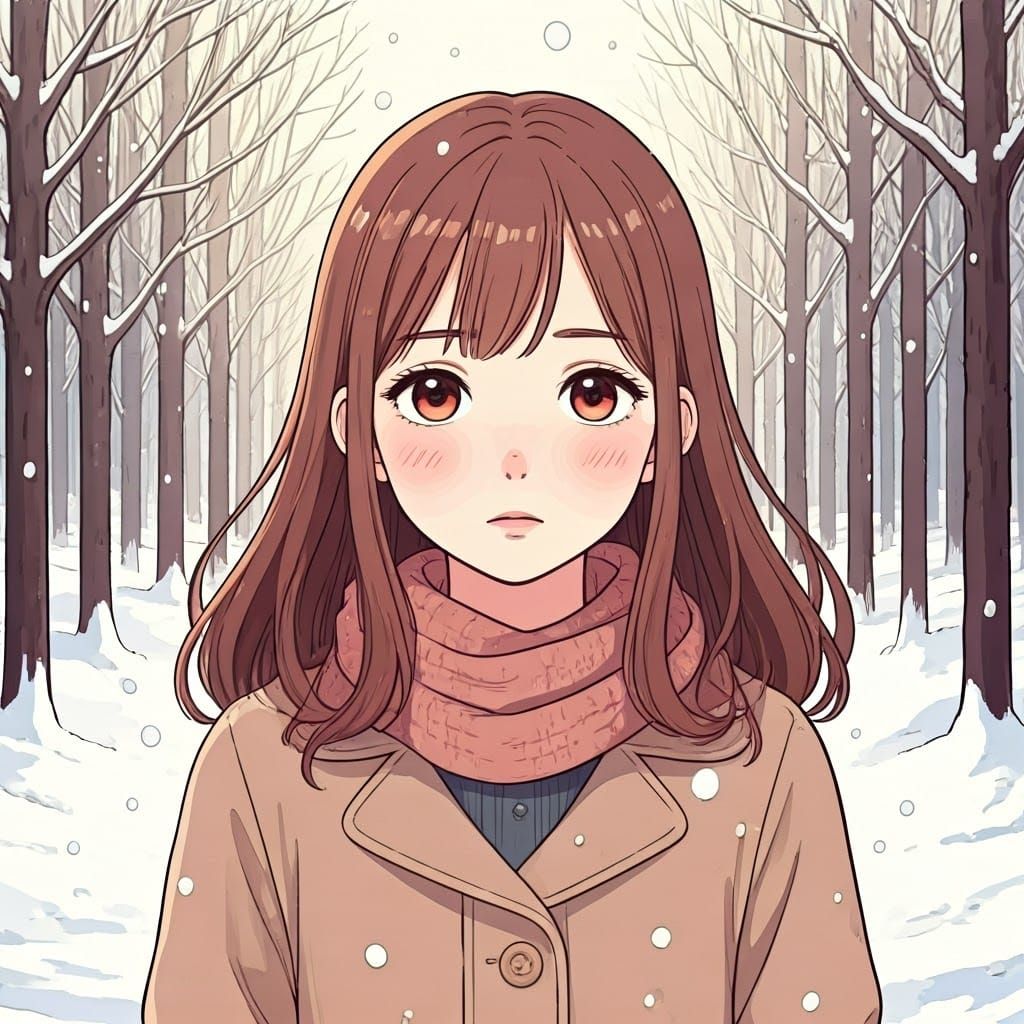 Girl in Snowy Forest, Whimsical Digital Art