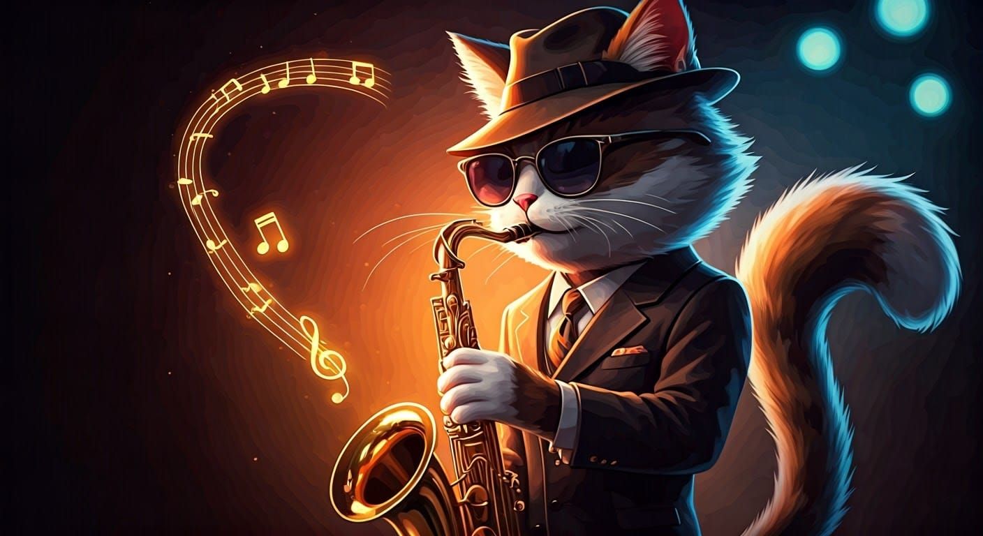 A dapper anthropomorphic chibi cool cute fluffy jazz cat pla...
