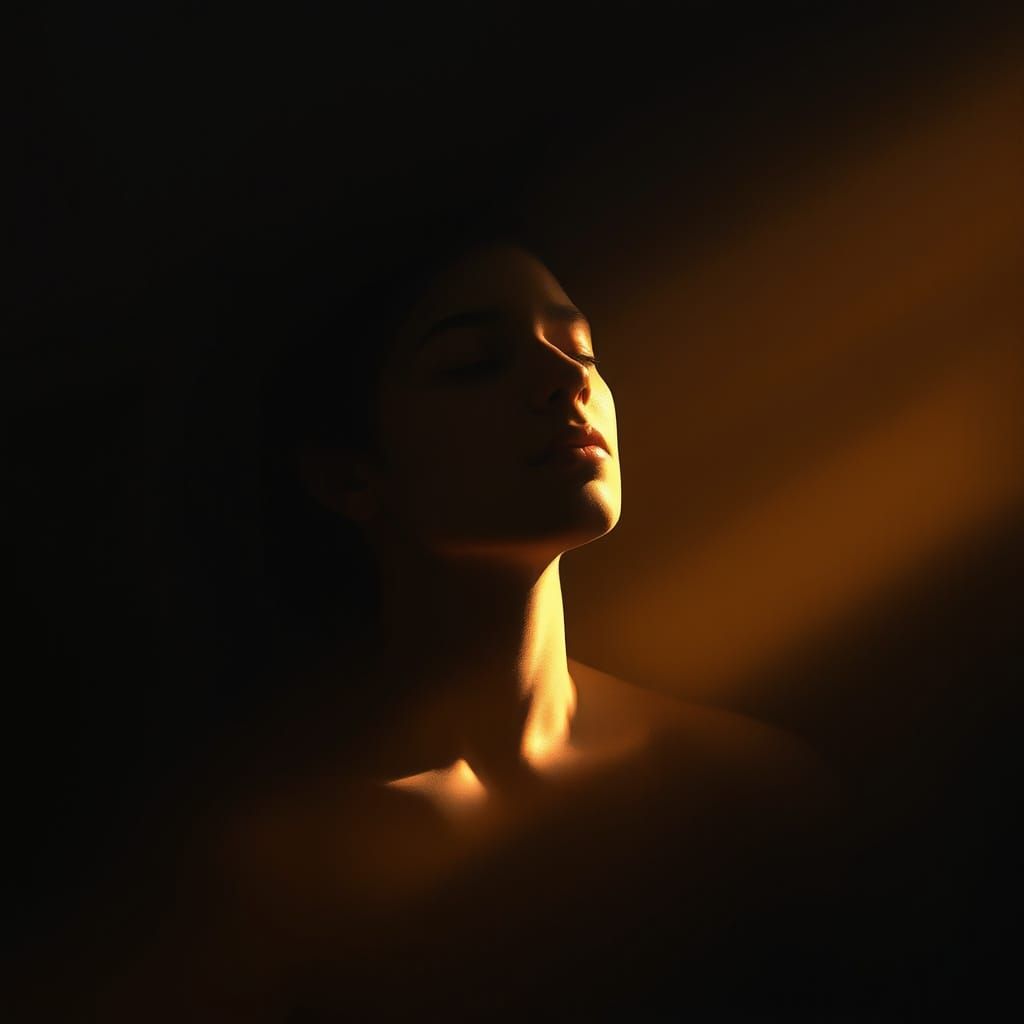 Peaceful Figure in Warm Light Surrounded by Shadows