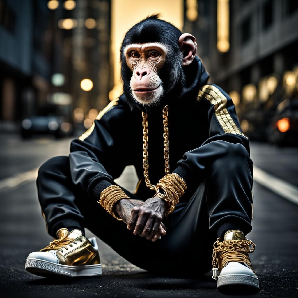 Hyperrealistic Monkey Rapper in City Street Scene