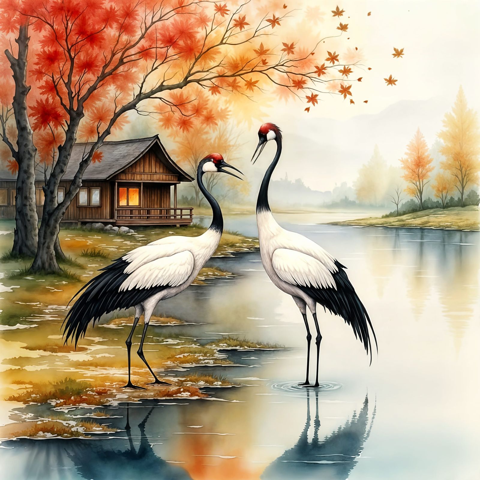 Two Stylized Cranes by Serene Riverbank in Autumn