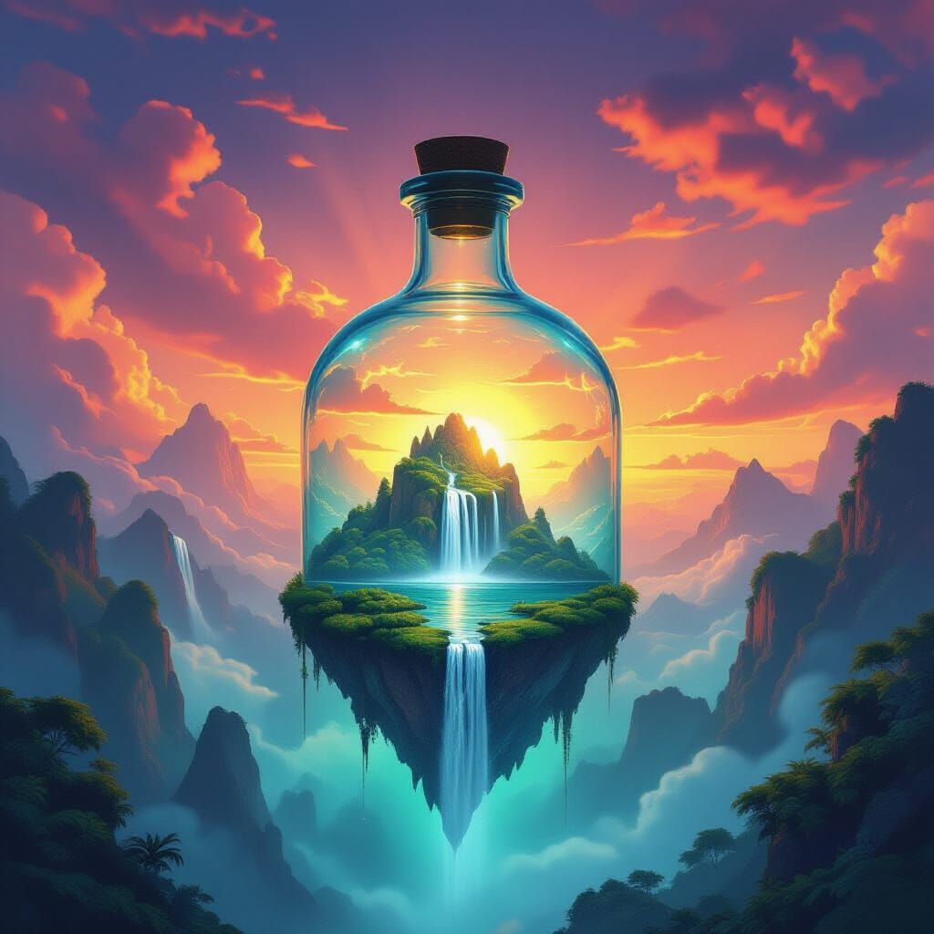 Floating Island Inside Bottle with Waterfalls and Sunset