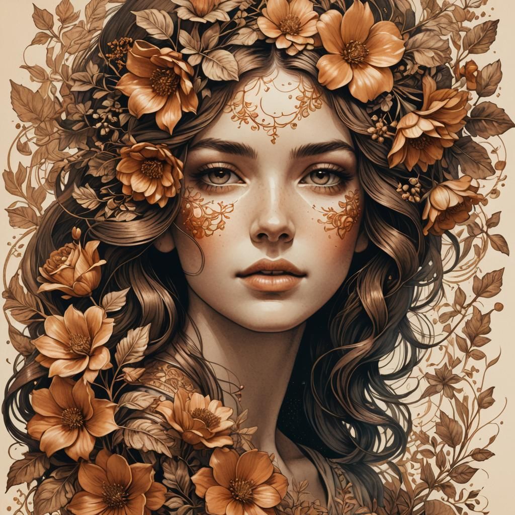 Copperplate Portrait of Woman Surrounded by Flowers