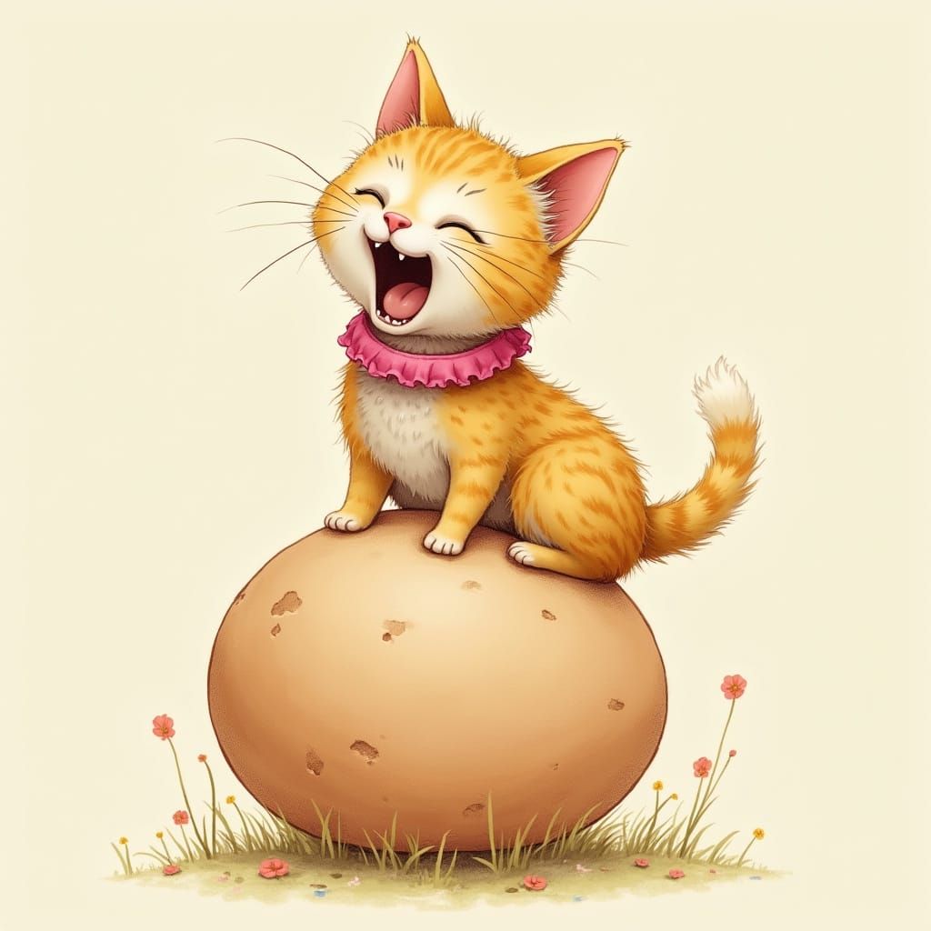 Cat on Egg Laughing, Whimsical Children's Illustration