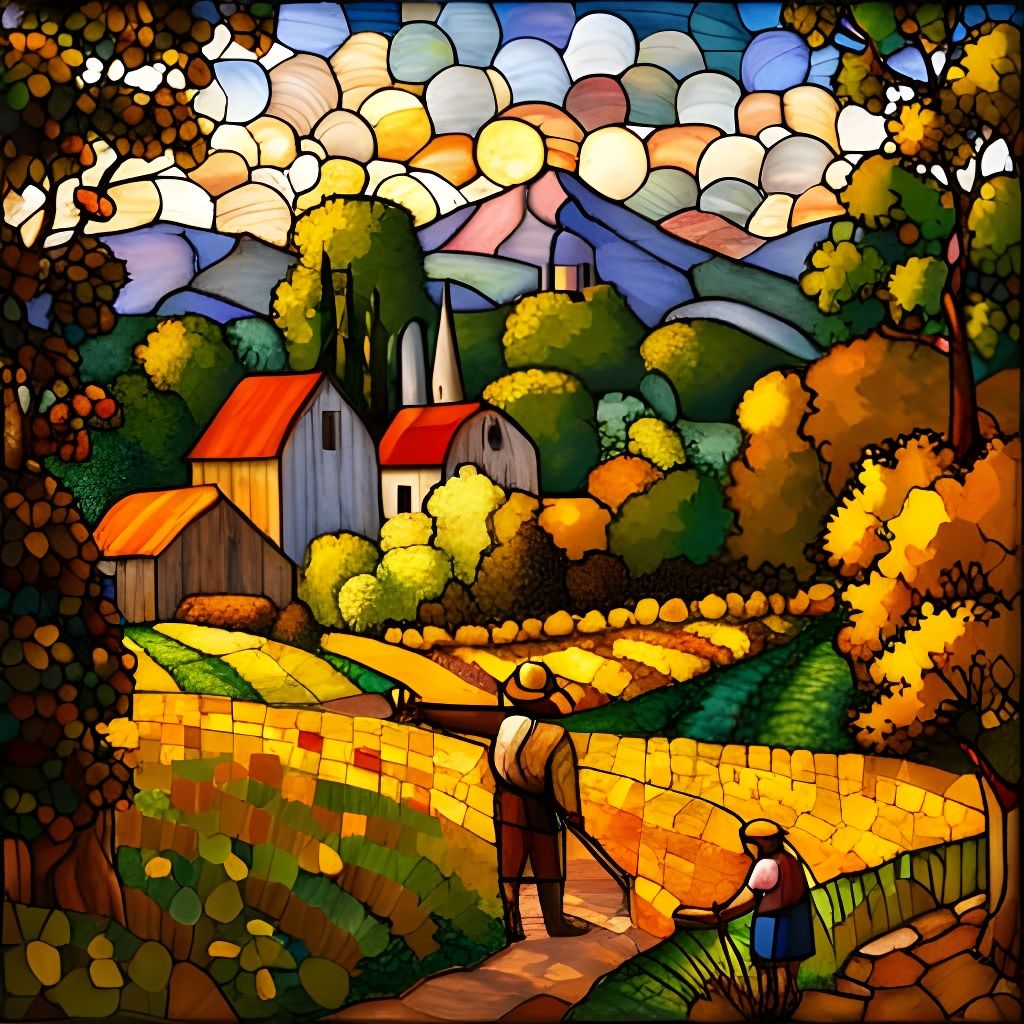 Gothic Stained Glass: Farmer in Neo-Impressionist Field