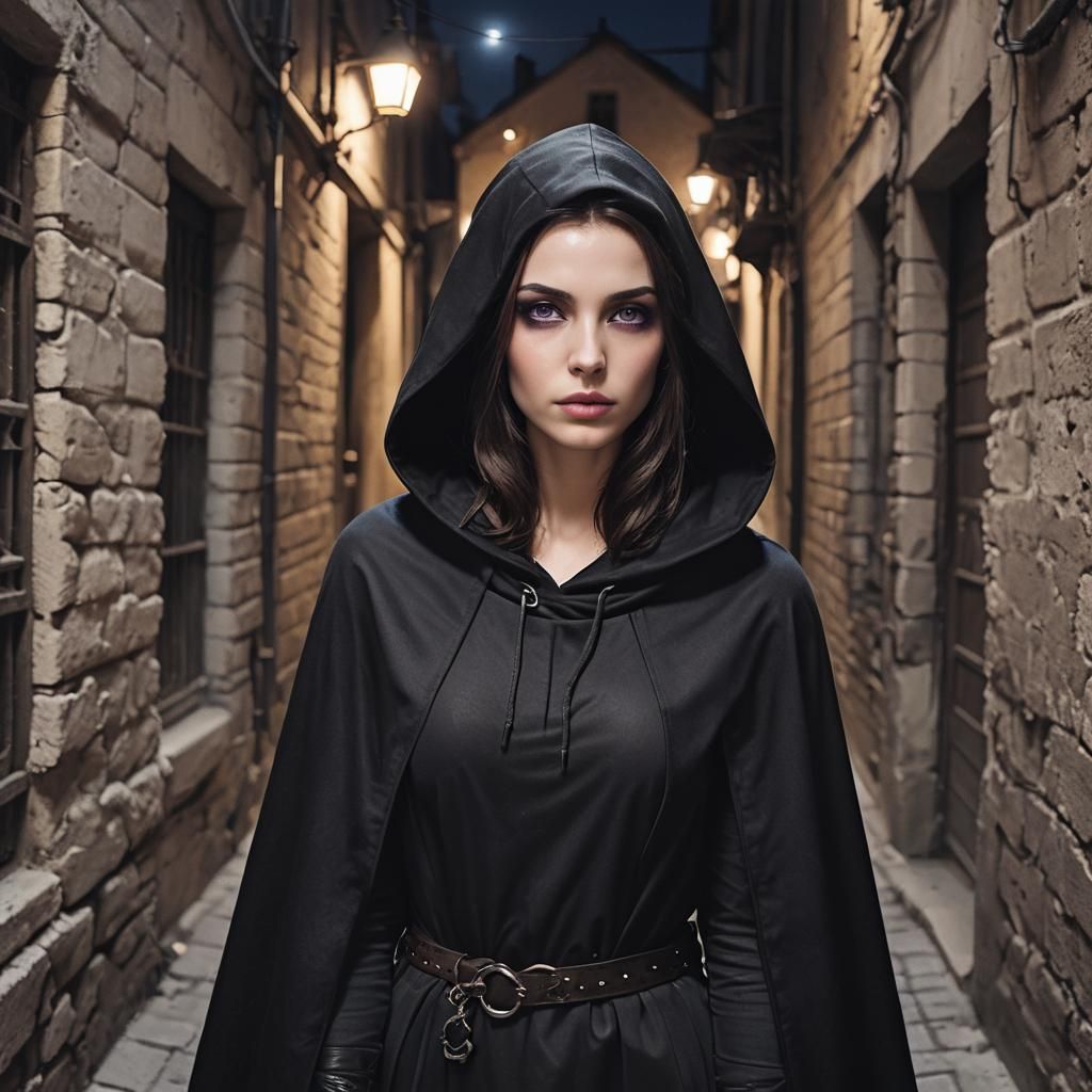 Brunette Thief with Purple Eyes in Alley