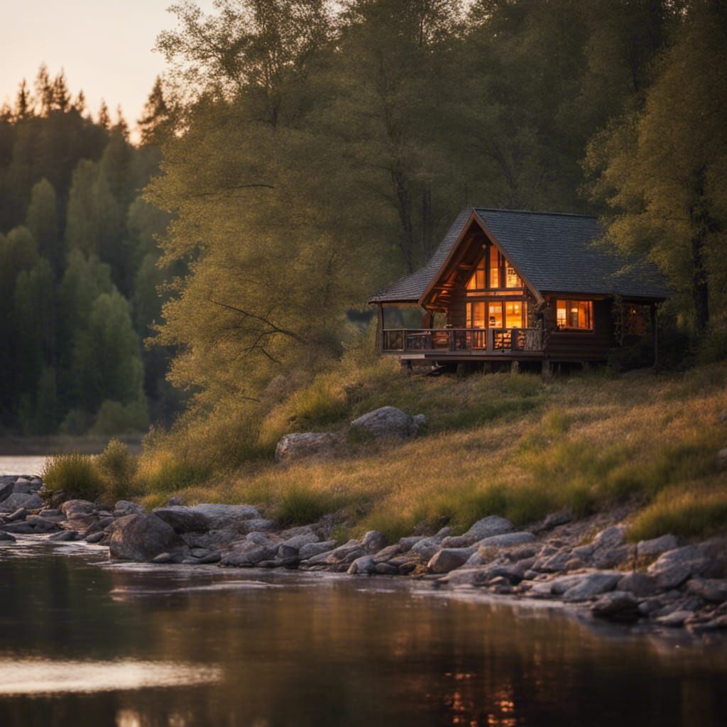 Cozy Cabin by Sunset in Forest
