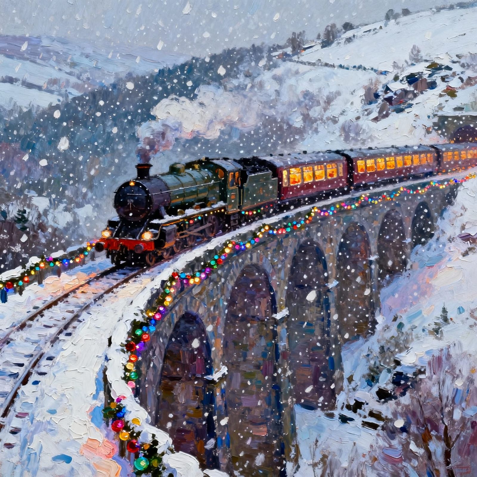 Impasto Painting of UK Steam Train in Snowy Christmas Wonder...