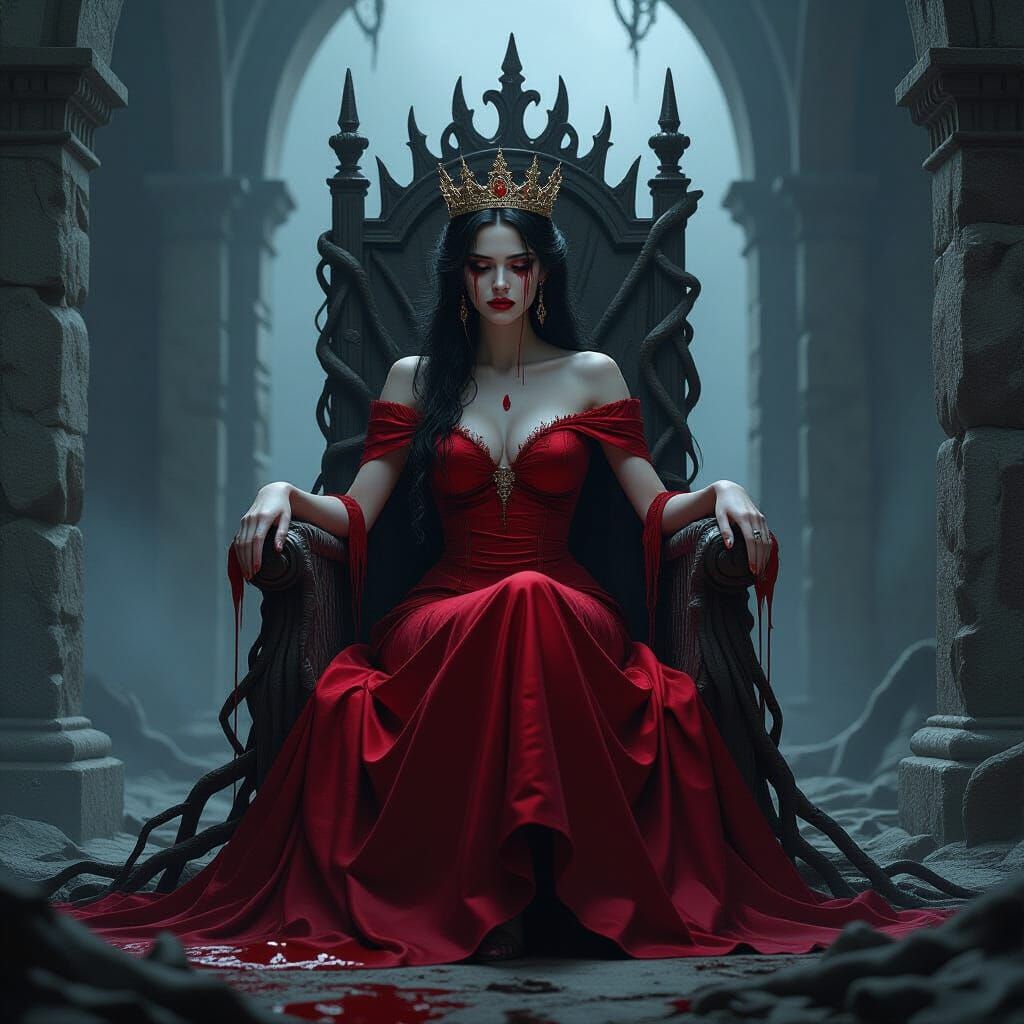 Sorrowful Queen on Root Throne in Dark Fantasy Style