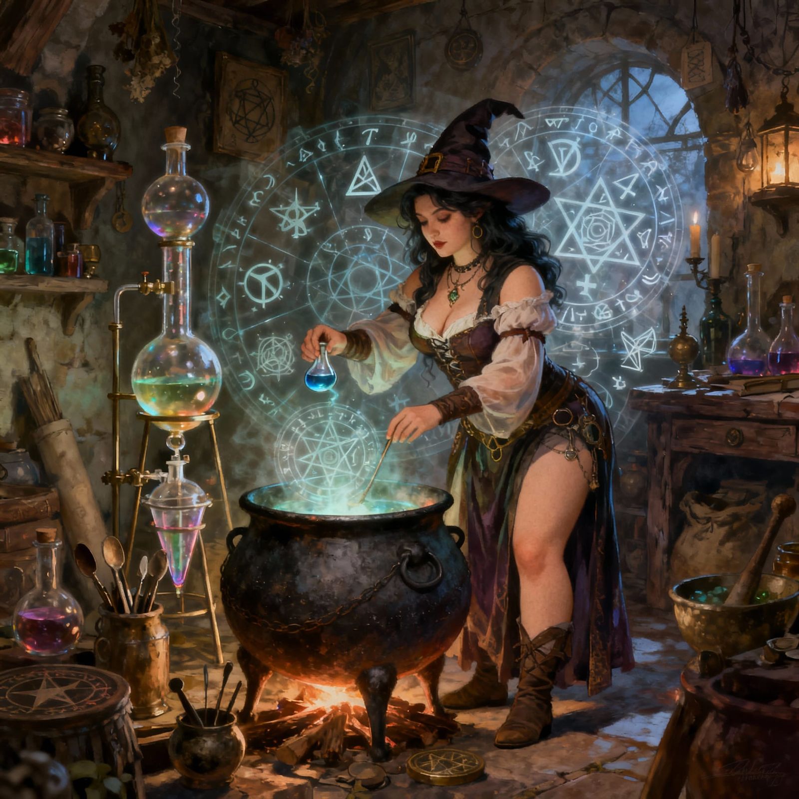 Alchemist Witch Brewing Potion in Cluttered Shop