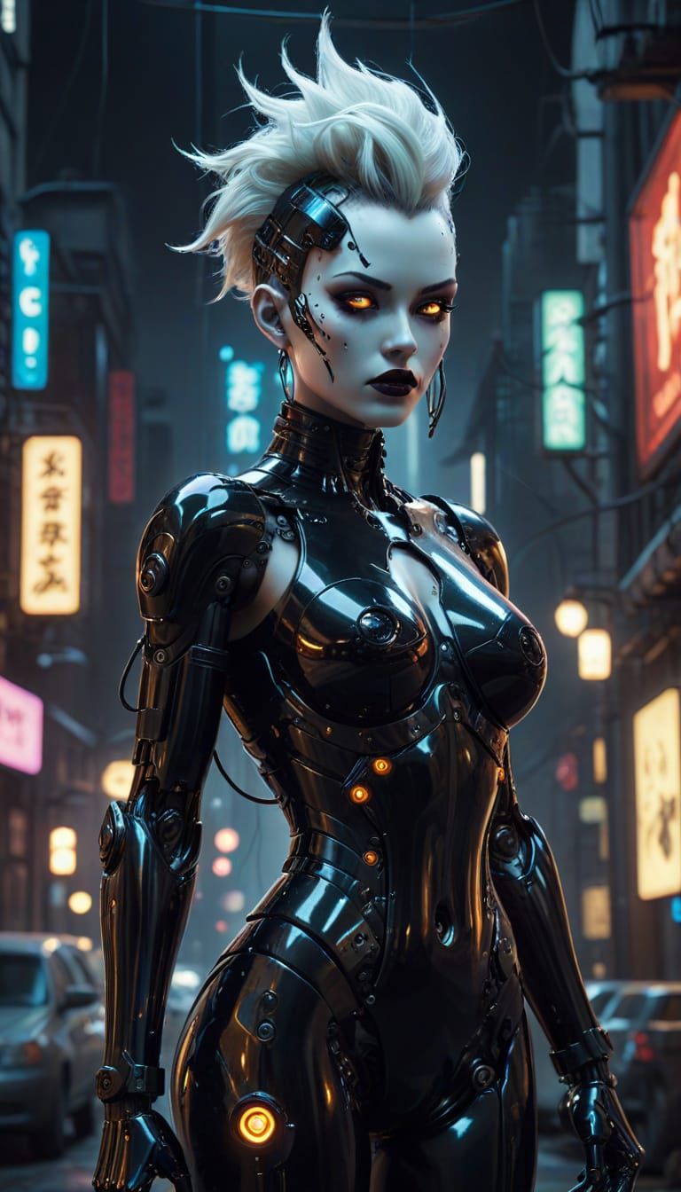 Gothic Gynoid Robot in Cyberpunk Cityscape