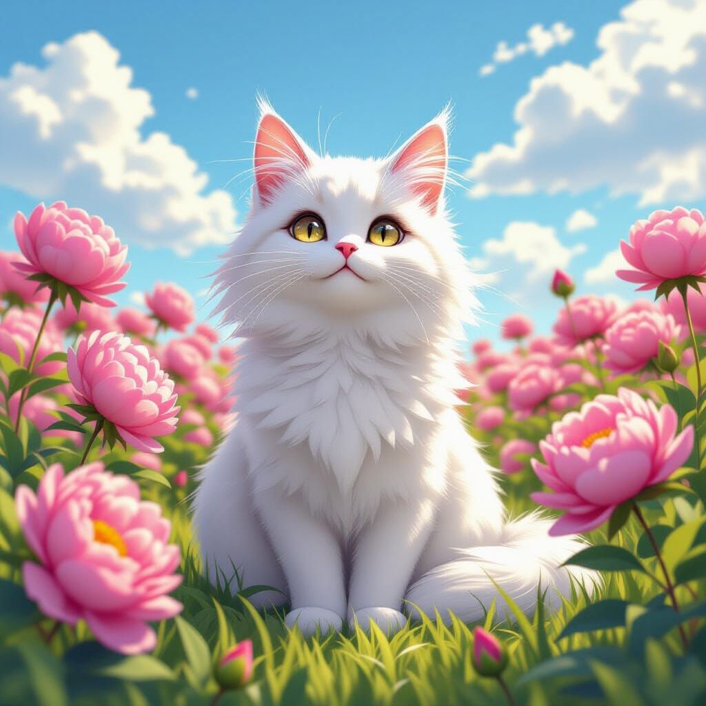 Fluffy White Cat in Pink Peony Field