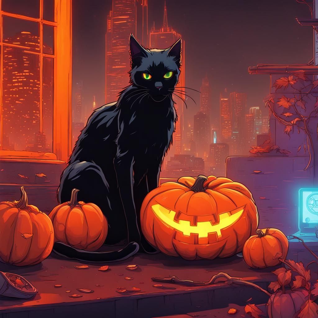 Black Cat and Pumpkin in Cyberpunk Neon Style