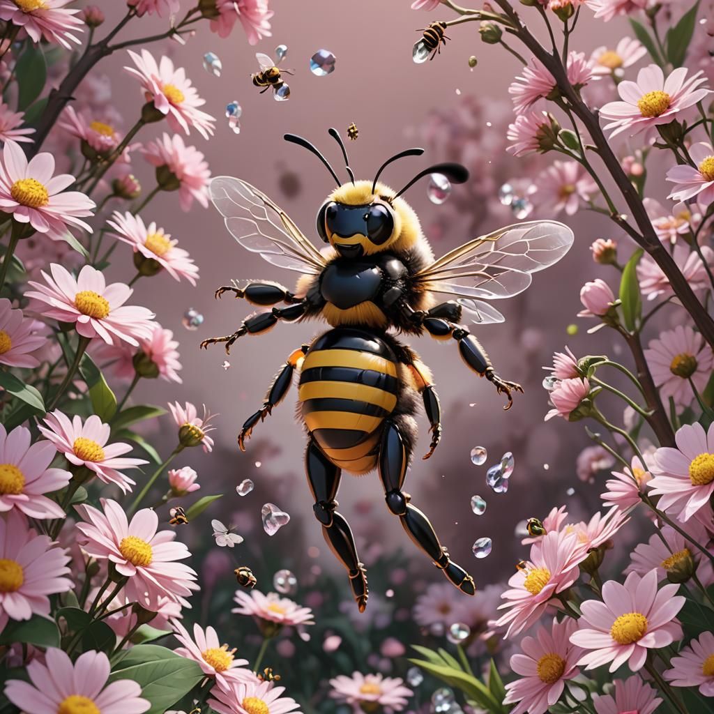 Charming Bee on Pink Flower, Studio Ghibli Style