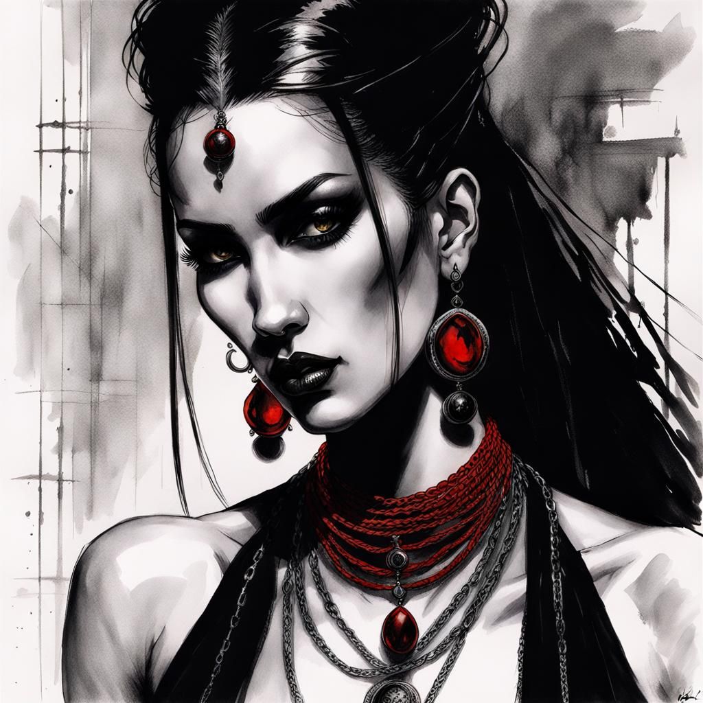 Gothic Woman with Gold Jewelry in Chiaroscuro Style