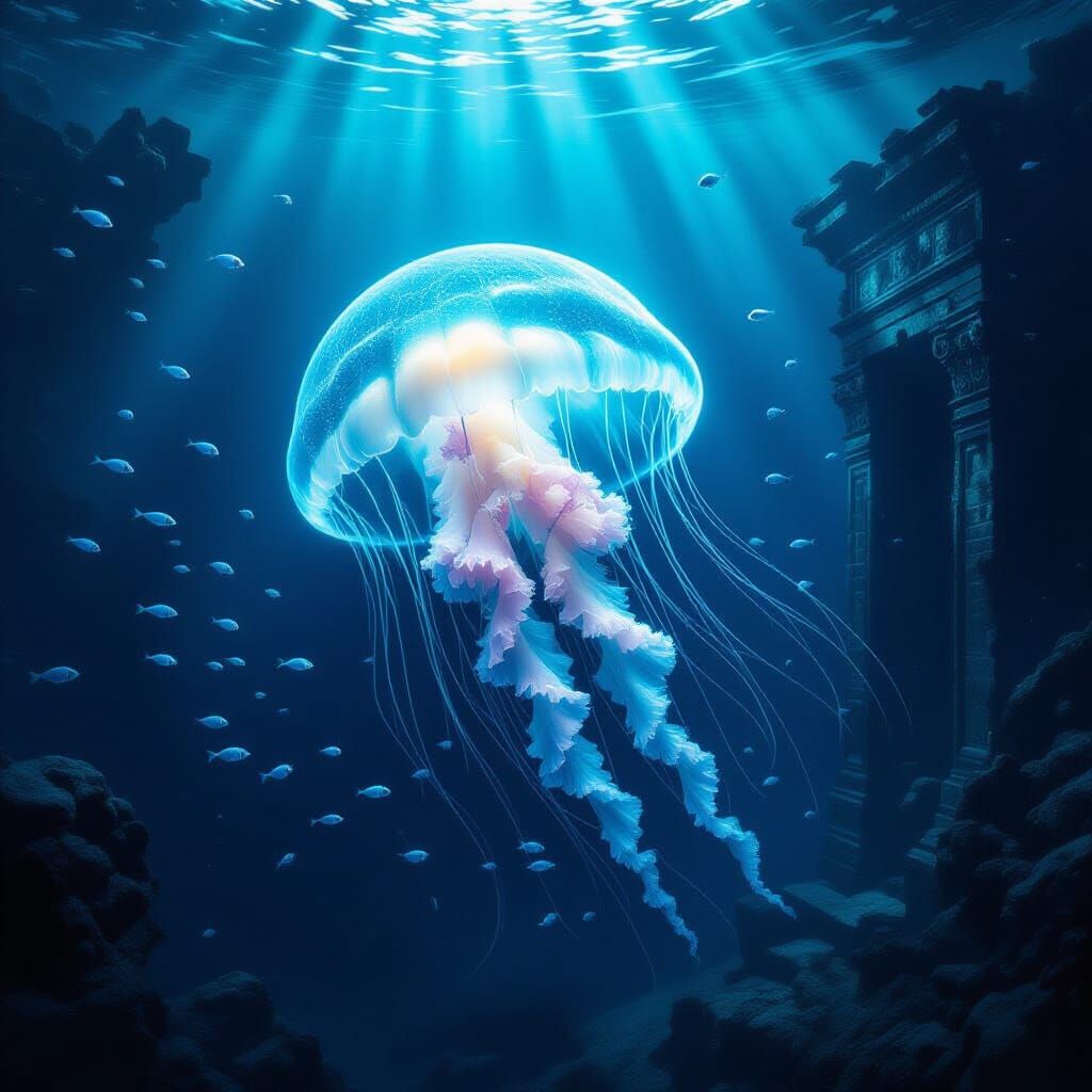Bioluminescent Jellyfish Over Ancient Ruins in Deep Sea