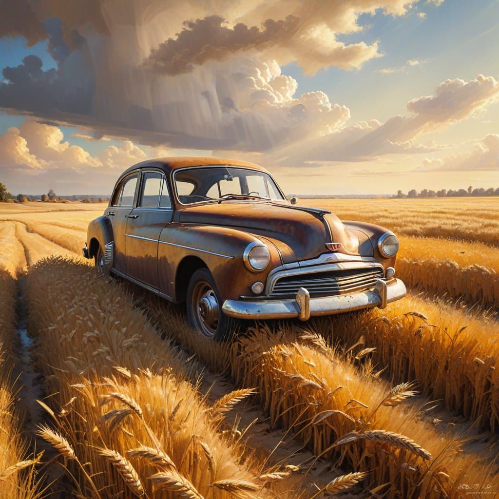 Vintage Car in Golden Wheat Field Impasto Painting