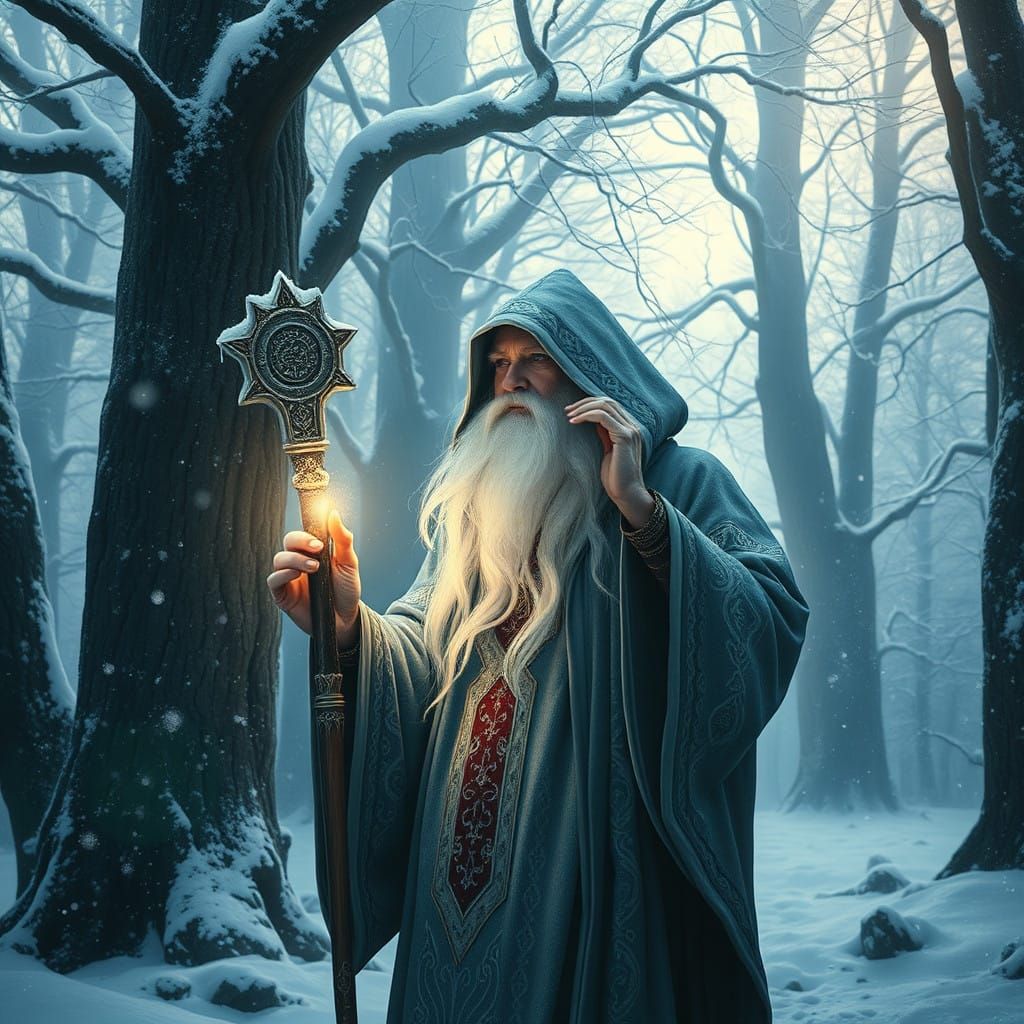 Ethereal Wizard Conjured in Snowy Forest with Enchanted Staf...