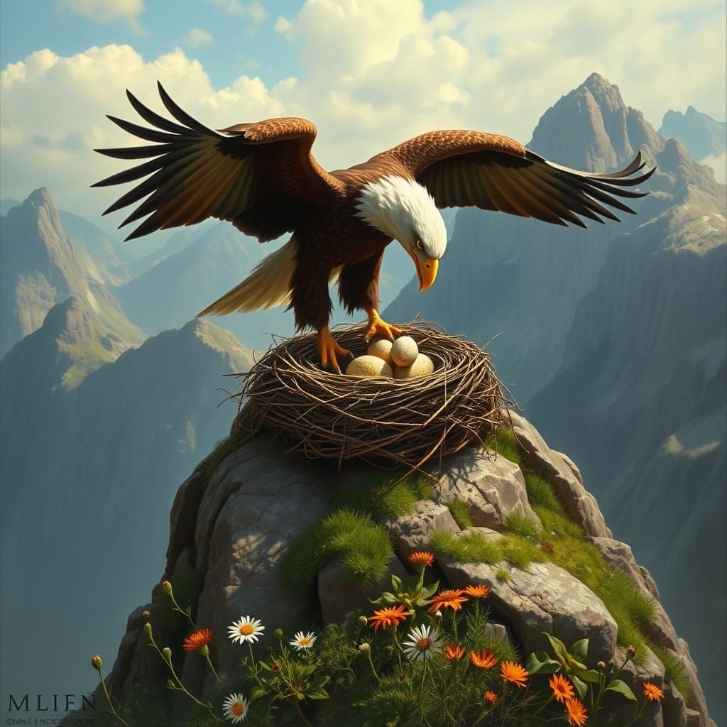 Eagle Guards Precious Eggs in Serene Mountain Nest
