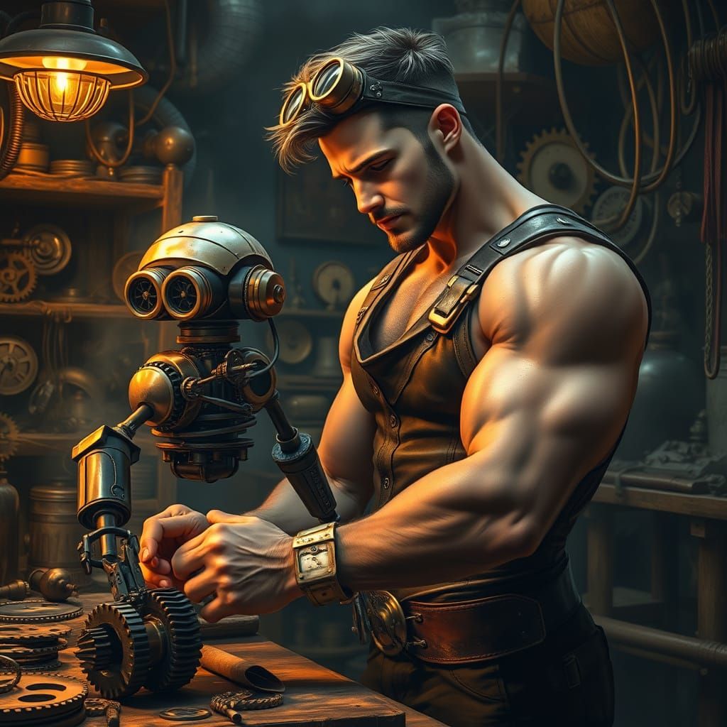 A Steampunk Inventor in His Cluttered Workshop