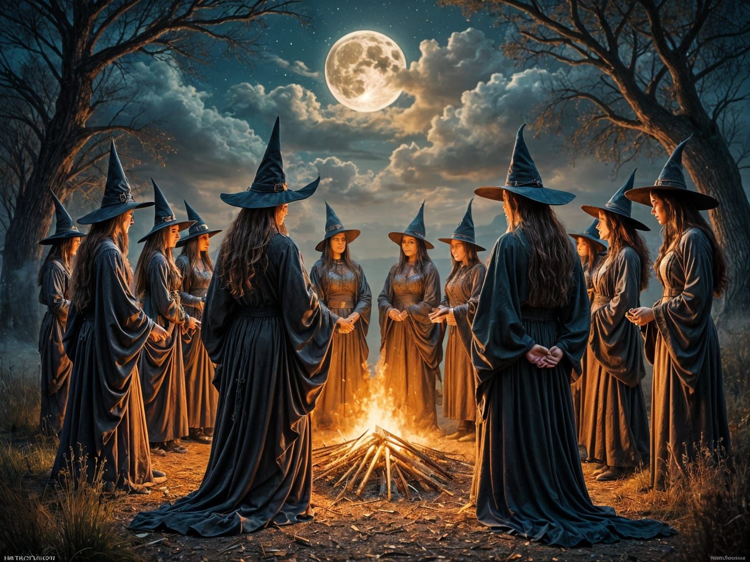 A gathering of witches standing in a circle around a bonfire...