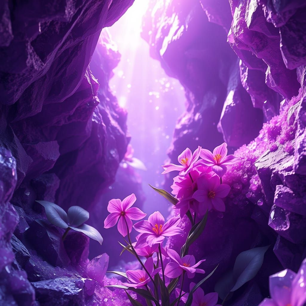 Surreal Purple Crystal Cavern Blooms with Delicate Anime Flo...