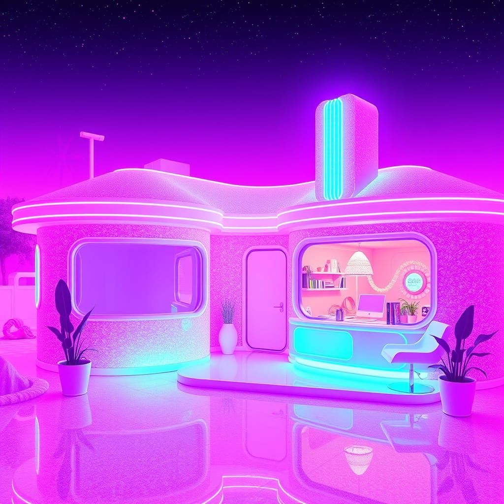 Synthwave House with Neon Landscape in 80s Style