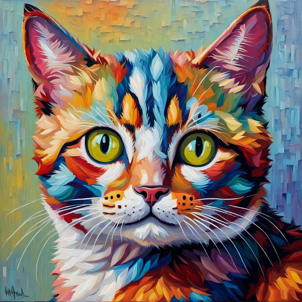 Colorful Curious Cat as Oil Painting