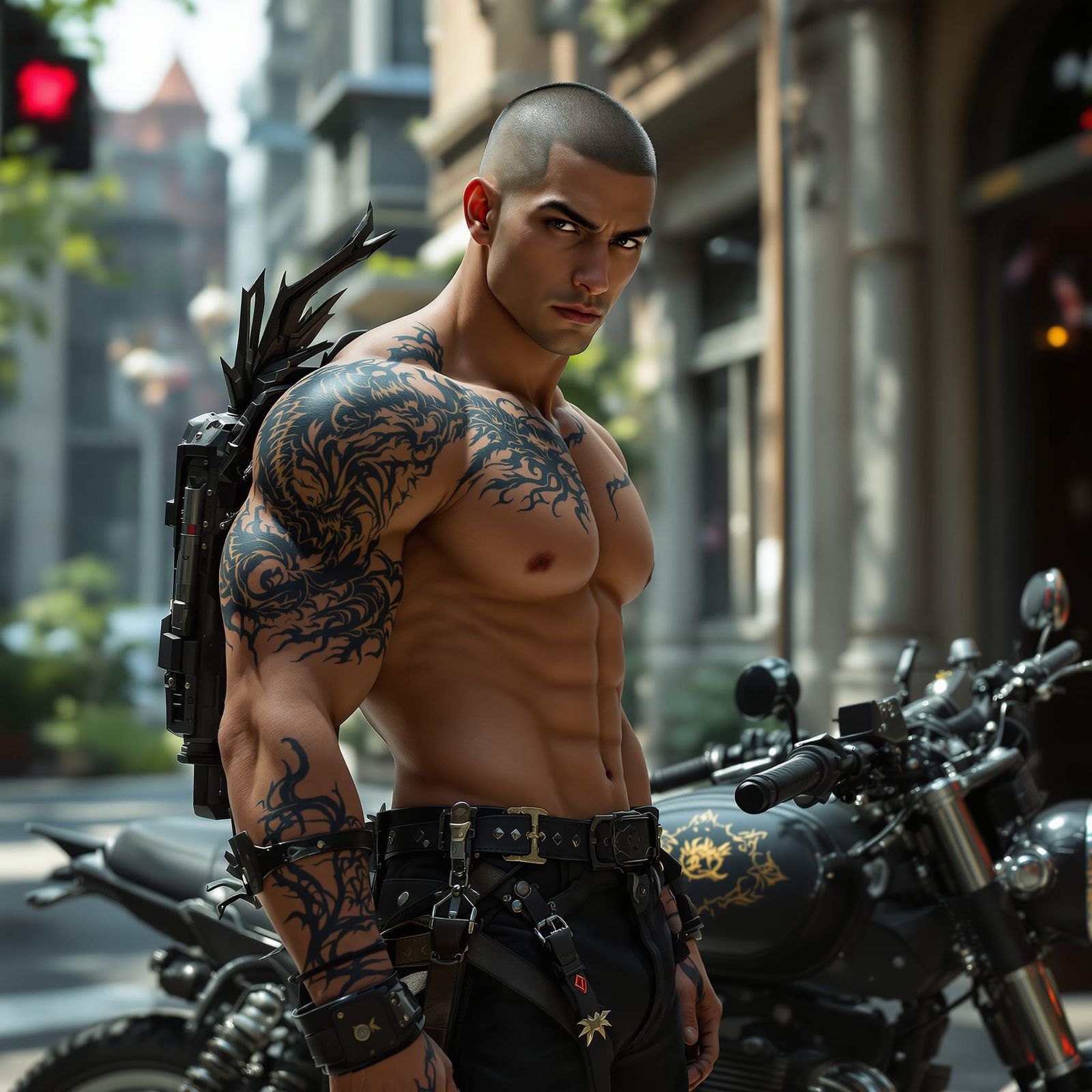 Rugged Asian Biker Arrives at University