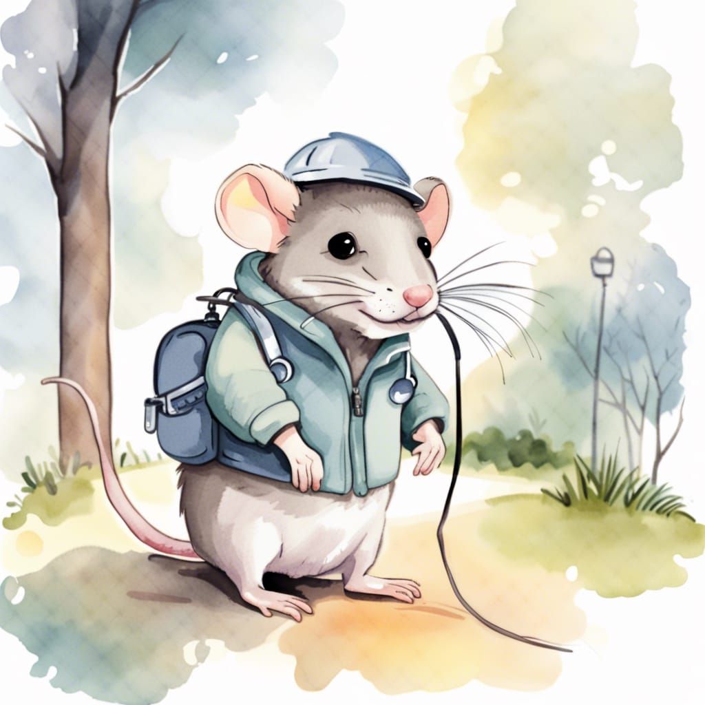 Charming Watercolor Rat on Leash in Park