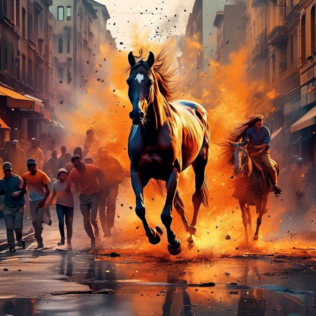 Explosive Horse Through City Street, Digital Painting