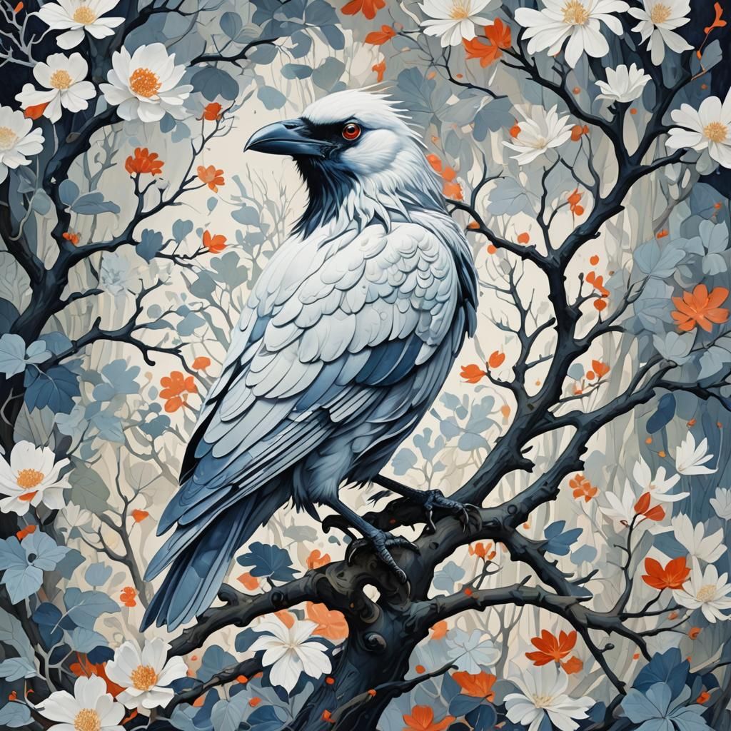 Ethereal White Crow in Gouache Style