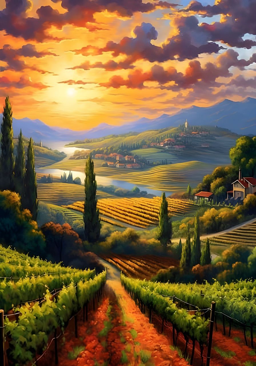 Tuscany Landscape with Vineyards in Vector Art Style