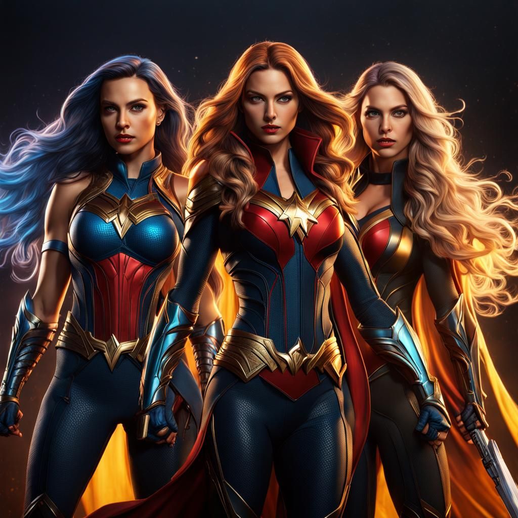 Three Long-Haired Female Superheroes in Detailed Matte Paint...