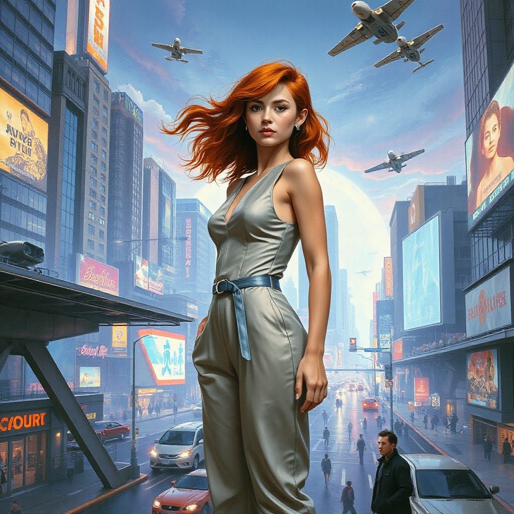 Cyberpunk Auburn Haired Woman in Futuristic Cityscape
