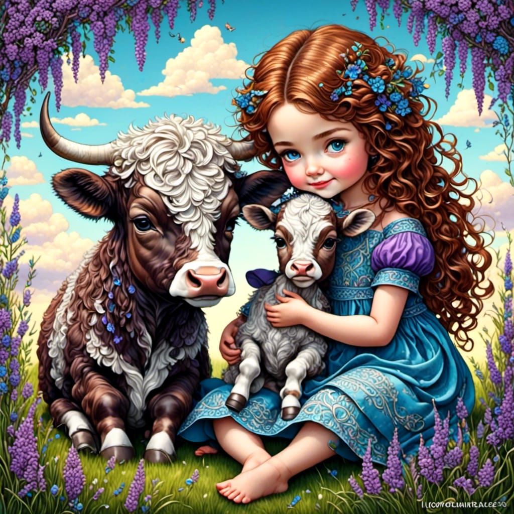 Chibi Girl and Calf in Heather Meadow