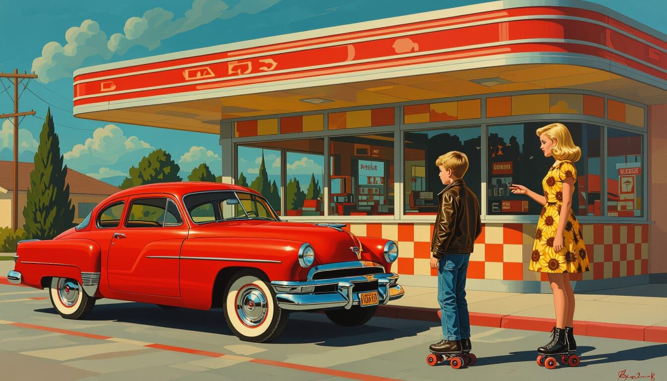 Surrealist Diner Scene with 1950s Car and Skaters
