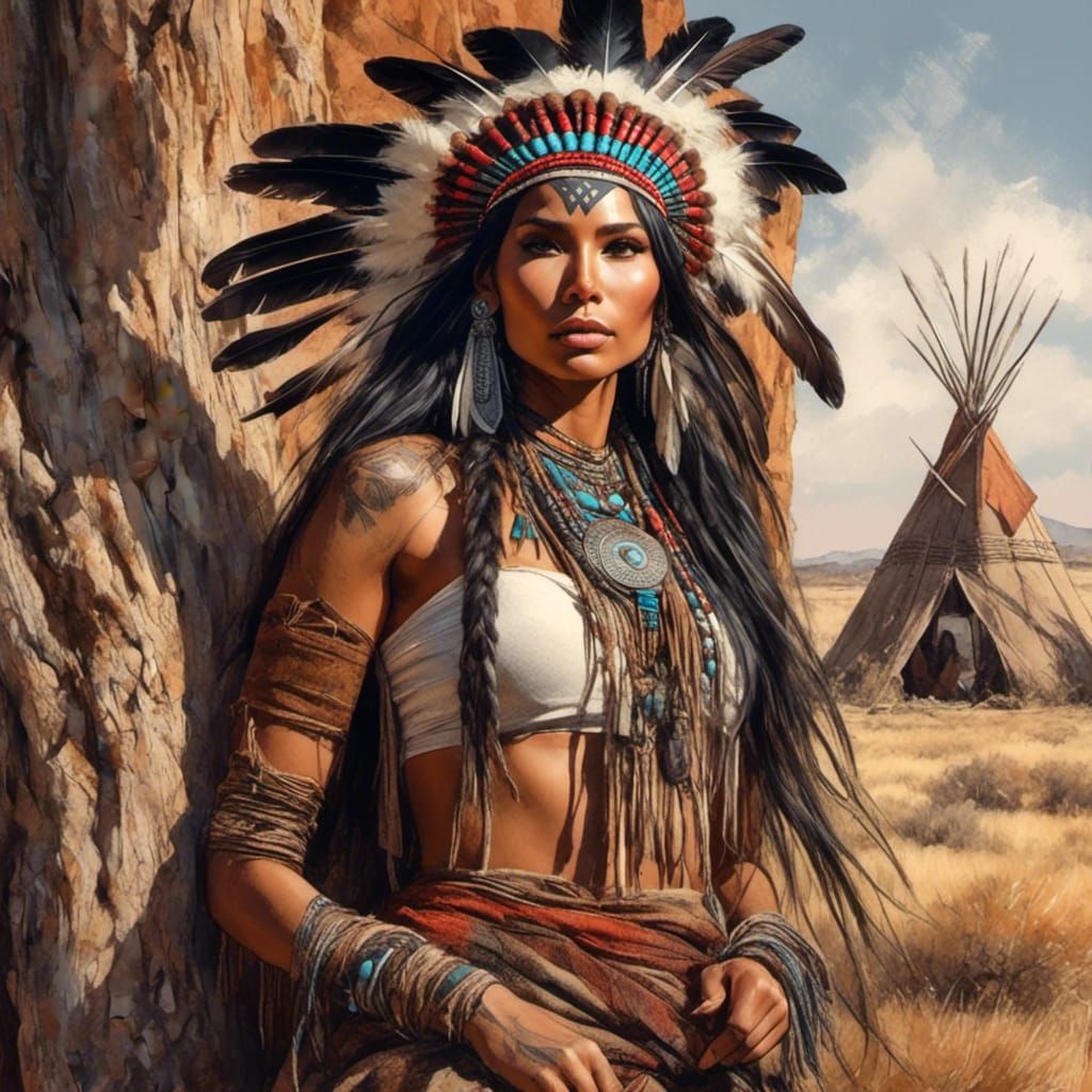 beautiful Apache Woman on the prairie by an Old Tree