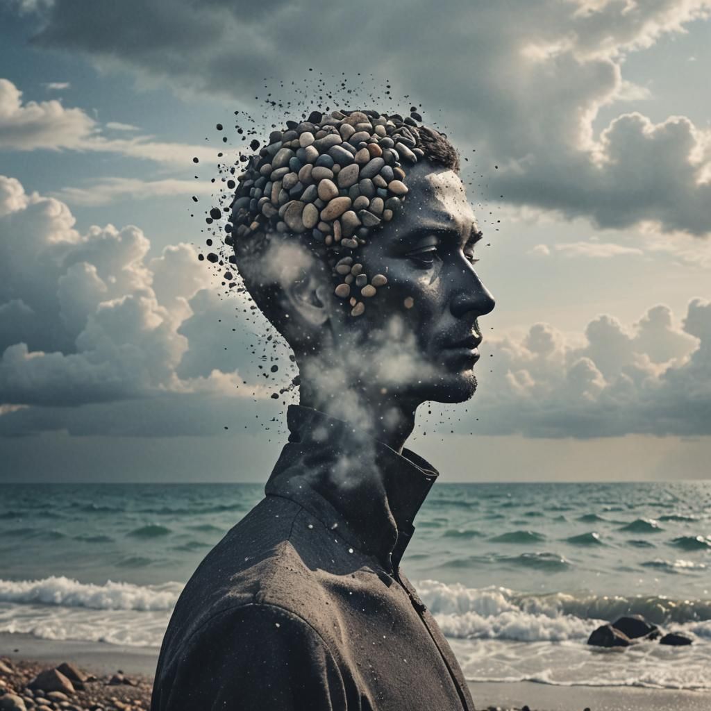 Surreal Portrait: Man's Head Dissolving into Particles