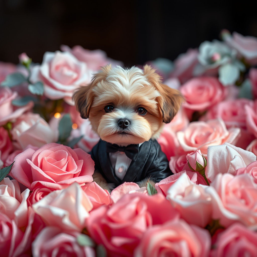 Maltipoo in Tuxedo on Bed of Roses